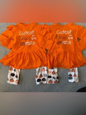 Twins Cutest Pumpkin in the Patch Orange Ruffle Dress & Leggings Set